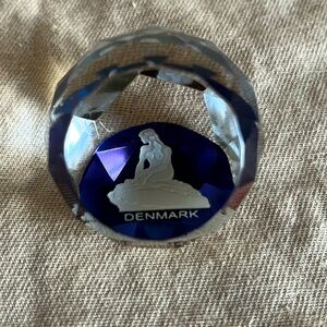 lead crystal paperweight designed with blue/ purple nymph and the word Denmark